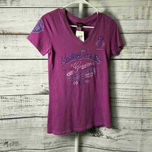 Harley Davidson Womens V‎ Neck T Shirt Purple Genuine Quality Motorcycles XS